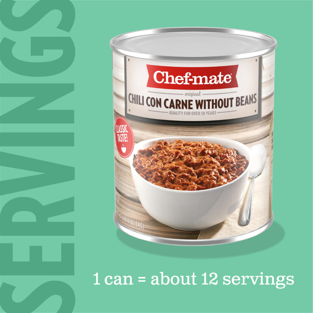 Chef-Mate Beef Chili No Beans topping burgers for extra flavor.