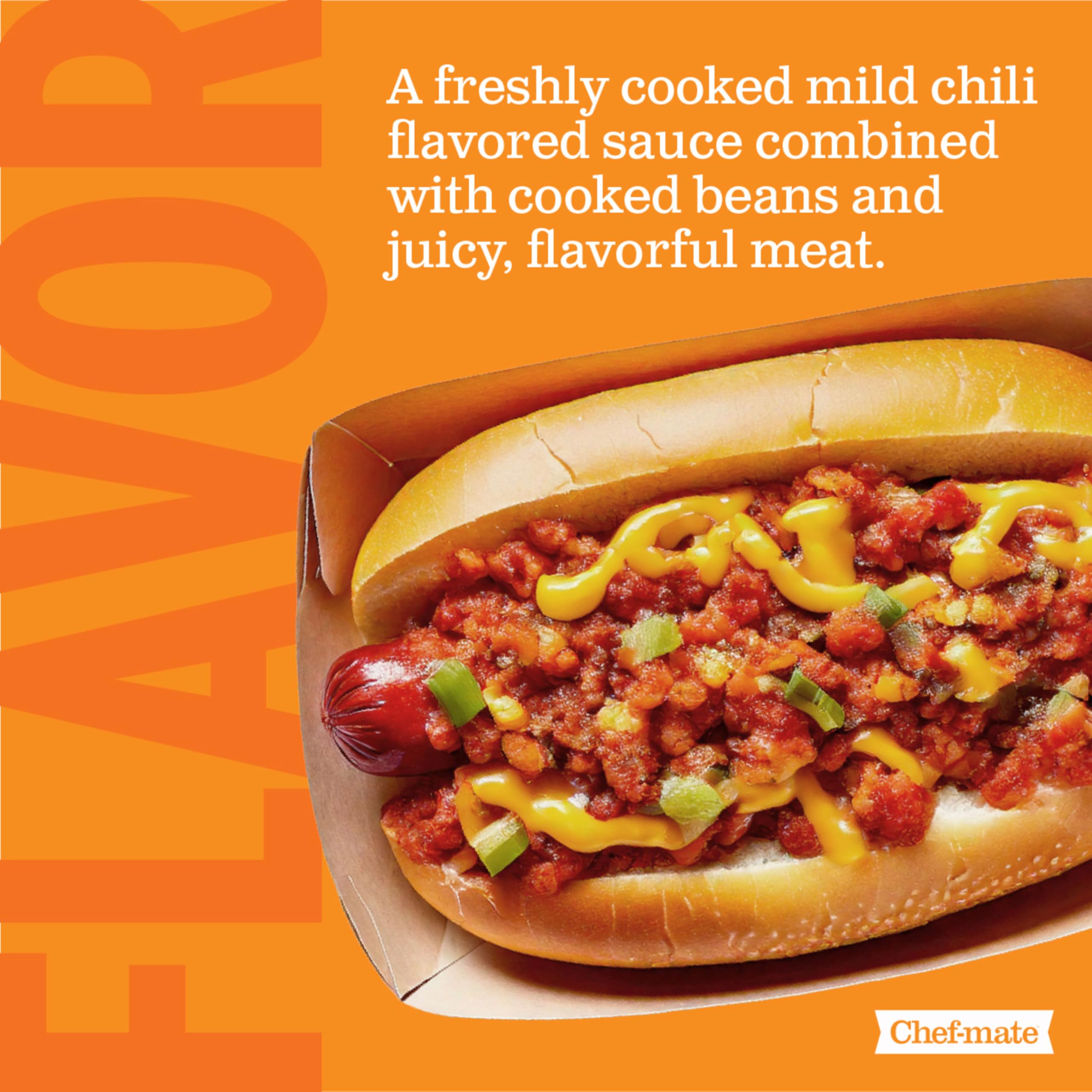Chef-mate hot dog chili sauce can in bulk packaging for catering use.