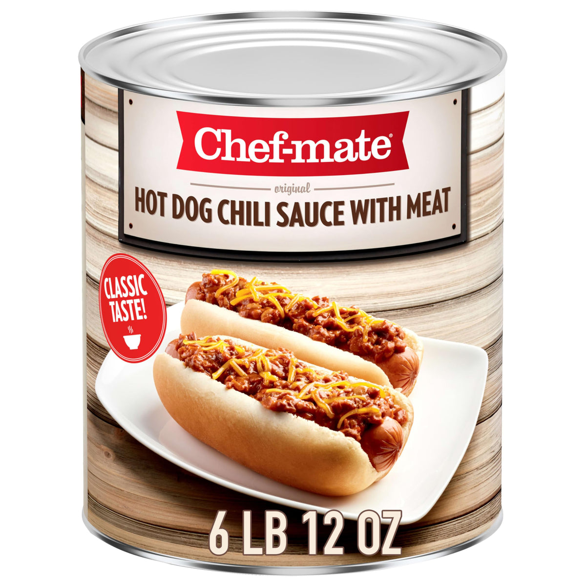 Chef-mate hot dog chili sauce with meat on a plate, ready to heat and serve.