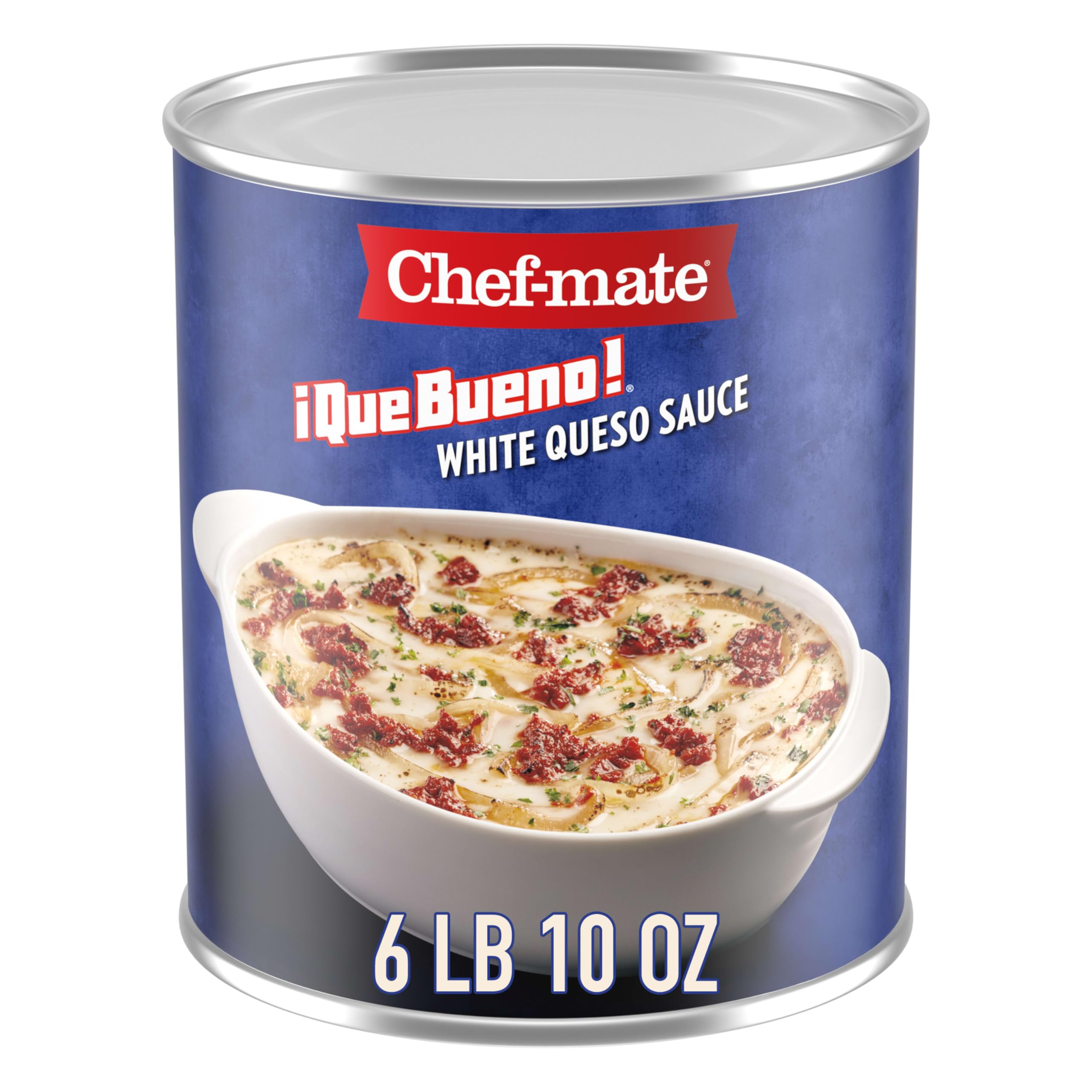 Chef-mate Que Bueno White Queso can front view shows bulk serving option