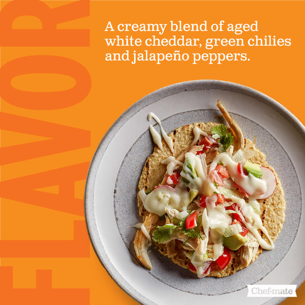 Close up of ingredients shows real cheese and chilies in Chef-mate Queso