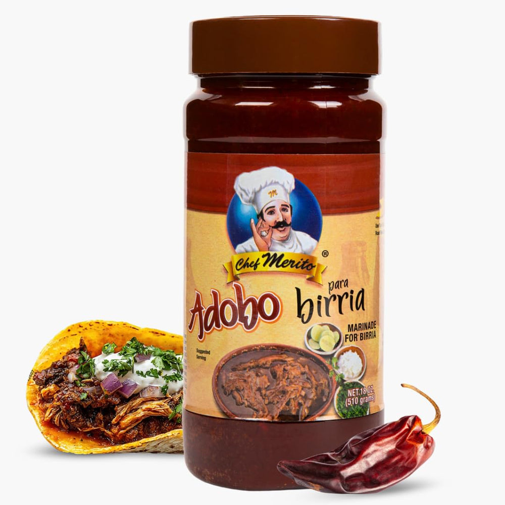 Chef Merito Birria Marinade bottle pour with mild heat for authentic birria flavor.
