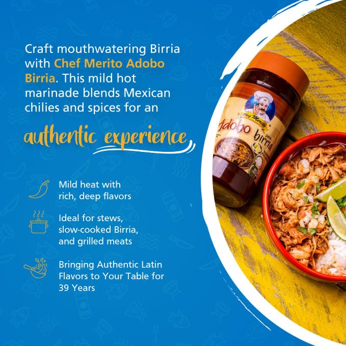 Chef Merito Birria Marinade jar label highlighting authentic Latin flavors for stews.