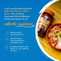 Chef Merito Birria Marinade jar label highlighting authentic Latin flavors for stews.