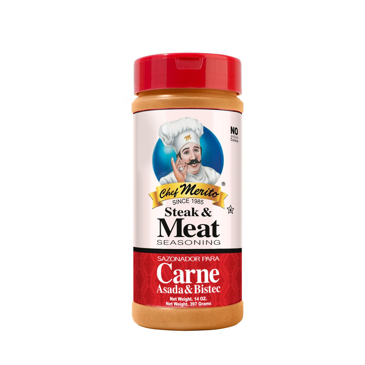 Chef Merito Carne Asada seasoning bottle packaging ready for beef flavor enhancement