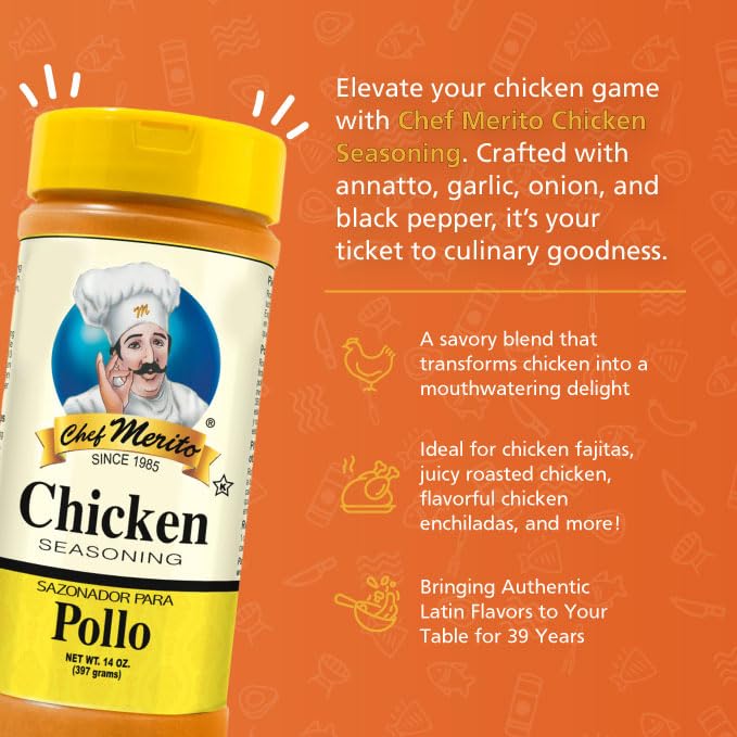 Chef Merito chicken seasoning bottle back listing ingredients and uses