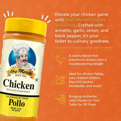 Chef Merito chicken seasoning bottle back listing ingredients and uses