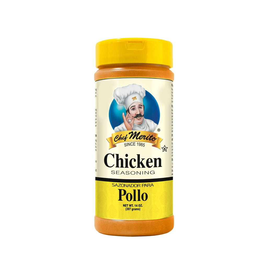 Chef Merito chicken seasoning bottle front showing rich Latin flavor for chicken