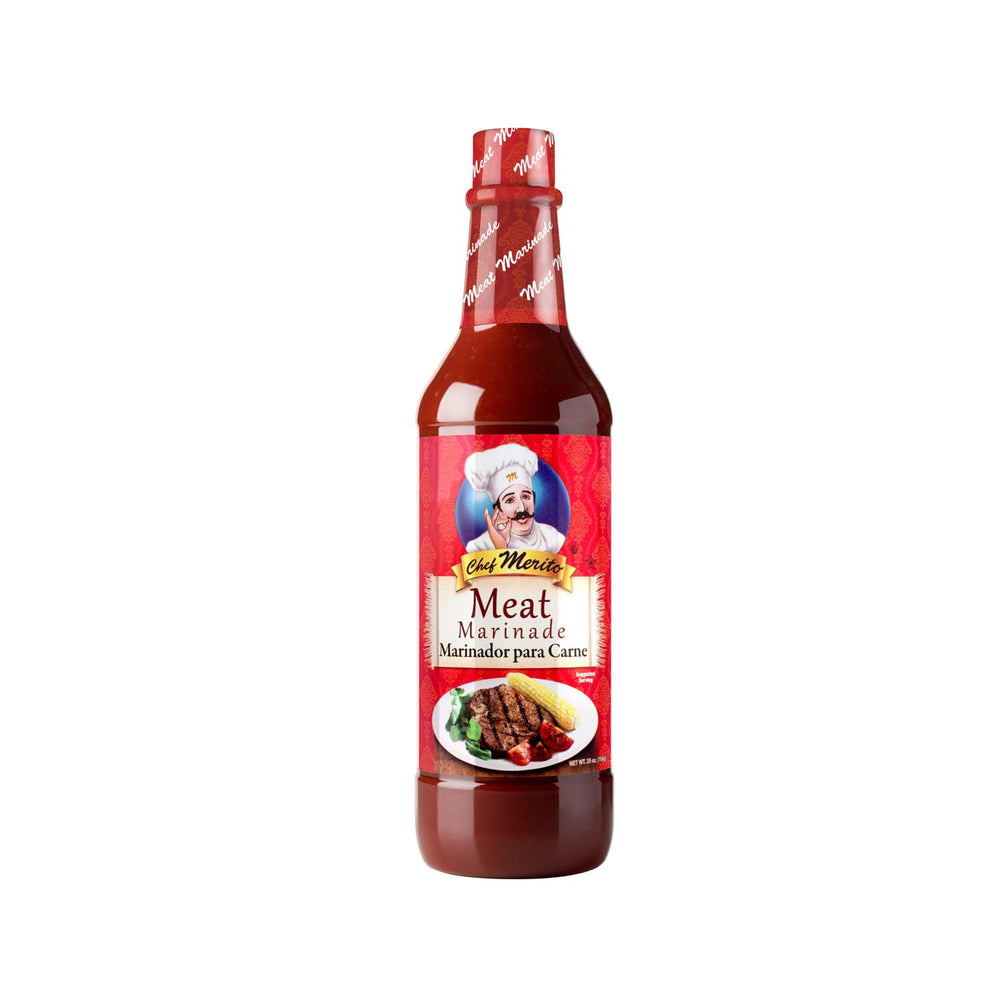 Chef Merito marinade bottle label close-up highlighting citrus flavor enhancement
