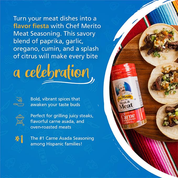 Chef Merito meat seasoning being sprinkled on steak during cooking