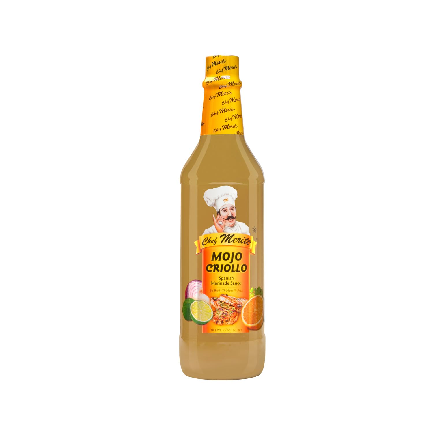 Chef Merito Mojo Criollo marinade bottle shows garlic and citrus aroma for flavorful meals.