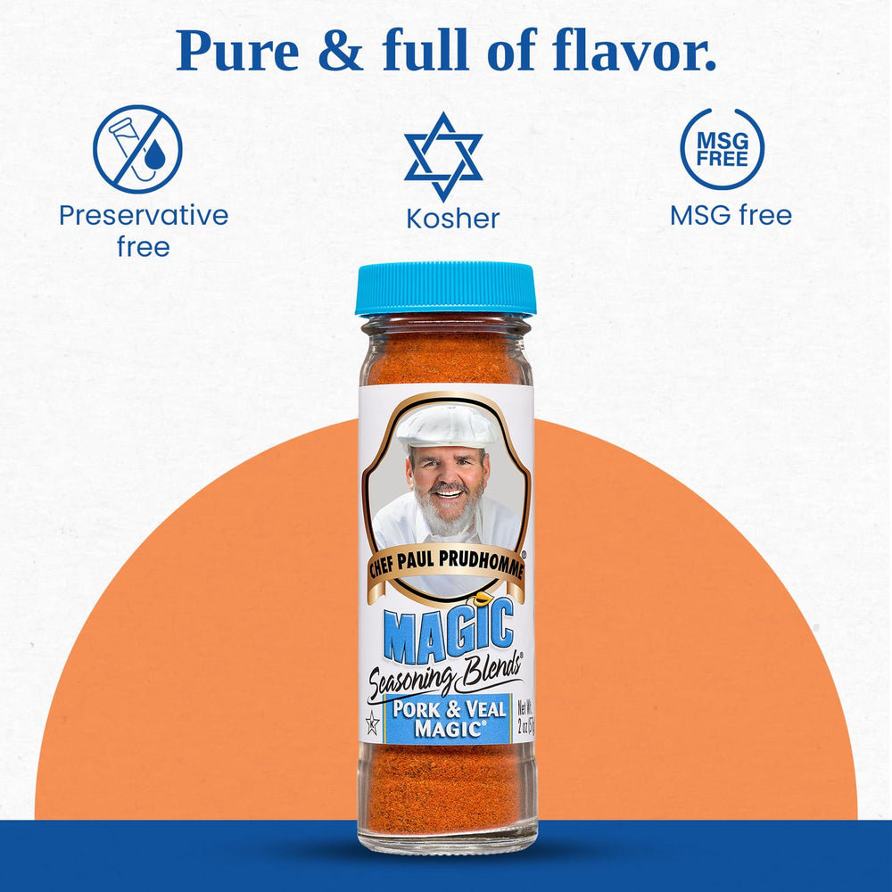 Chef Paul Magic Seasoning Blends Pork & Veal Magic on grill for prepared meals.
