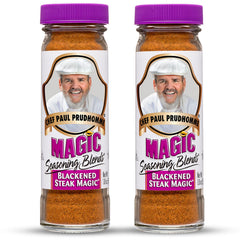 Chef Paul Prudhomme's Blackened Steak Magic bottle ready for grilling beef