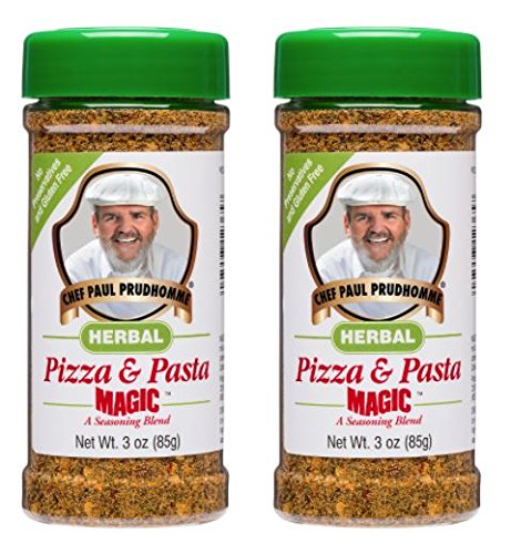 Chef Paul Prudhomme's Herbal Pizza and Pasta Seasoning Jar for versatile flavor in soups, salads, and pasta.