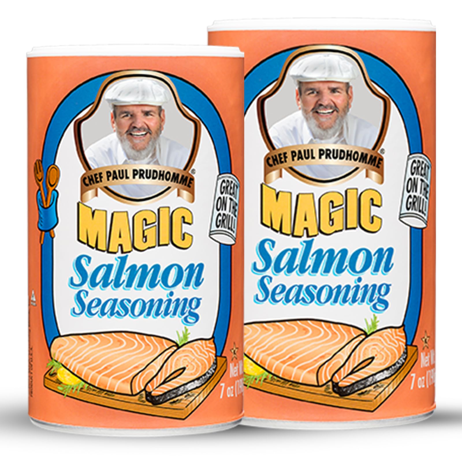 Chef Paul Prudhomme's Salmon Magic bottle closeup highlighting bold seafood flavor.