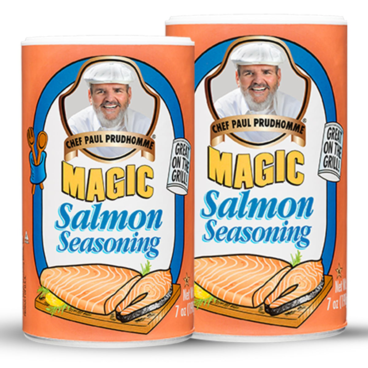 Chef Paul Prudhomme's Salmon Magic bottle closeup highlighting bold seafood flavor.
