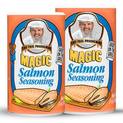 Chef Paul Prudhomme's Salmon Magic bottle closeup highlighting bold seafood flavor.
