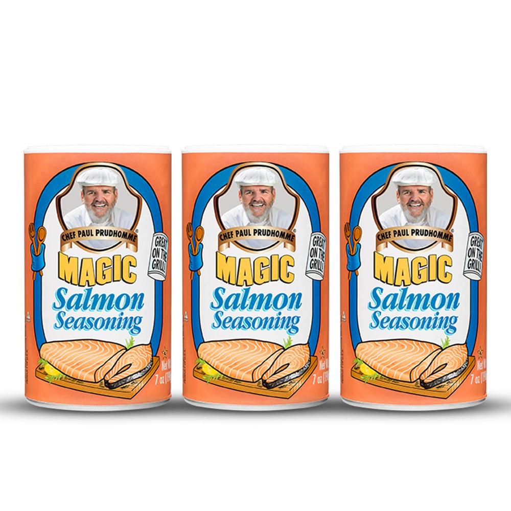 Chef Paul Prudhomme's Salmon Magic Seasoning bottle pour enhances bold seafood flavor.