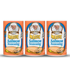 Chef Paul Prudhomme's Salmon Magic Seasoning bottle pour enhances bold seafood flavor.
