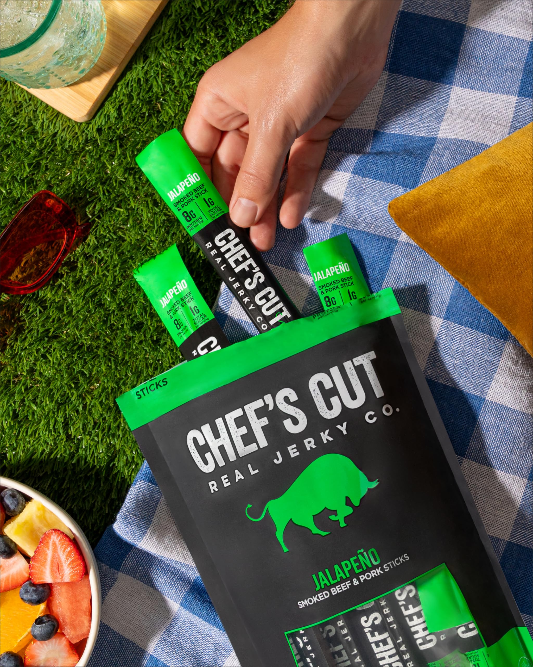 Chef's Cut Real Snack Sticks travel-ready packaging, perfect for workouts or trips.