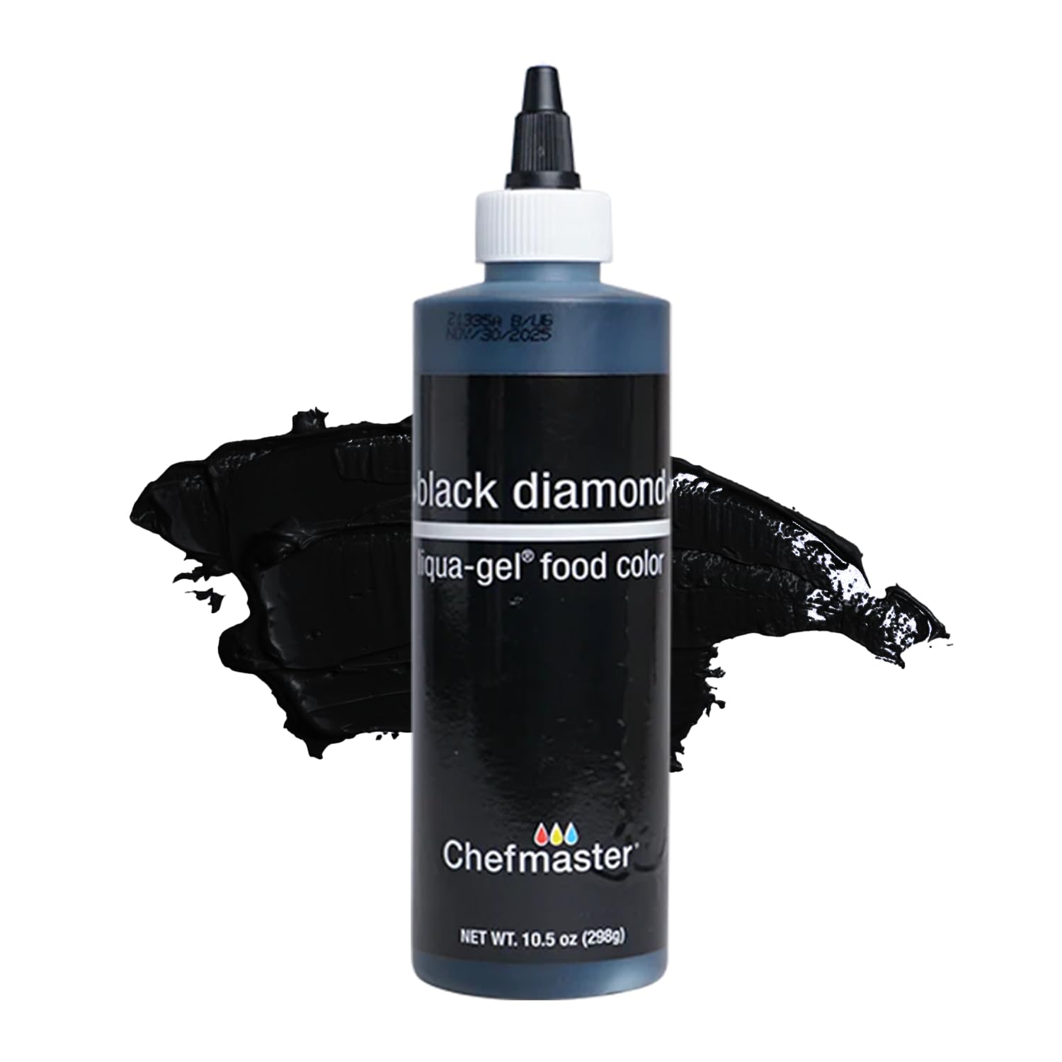 Chefmaster Black Diamond Liqua-Gel color in bottle for vibrant icing and decorating.