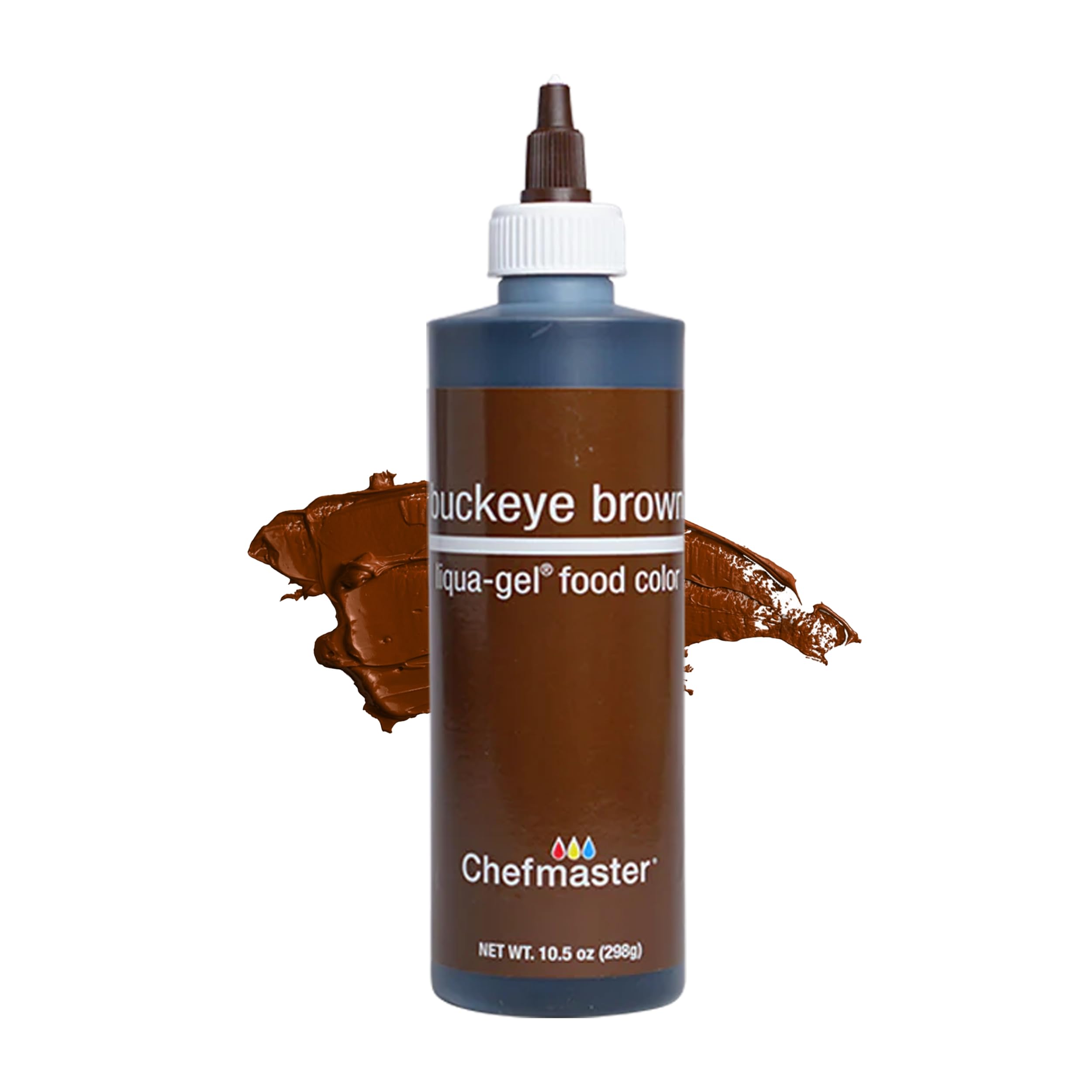 Chefmaster Buckeye Brown Liqua-Gel bottle for vibrant, fade-resistant icing.