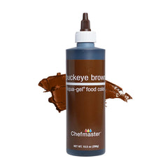 Chefmaster Buckeye Brown Liqua-Gel bottle for vibrant, fade-resistant icing.