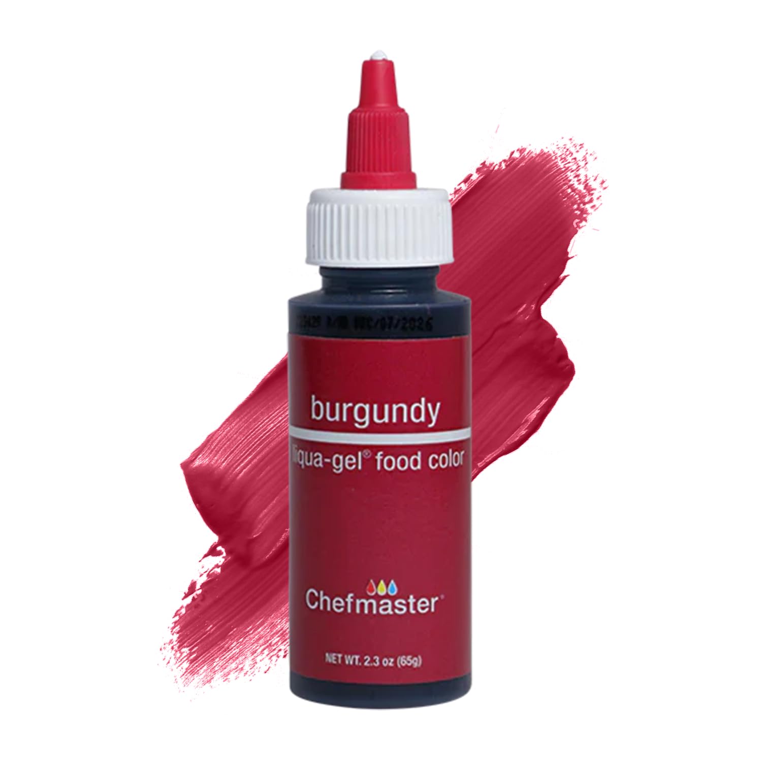 Chefmaster Burgundy Liqua-Gel bottle pour showing vivid, fade-resistant icing color