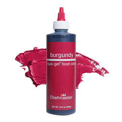 Chefmaster Liqua-Gel Burgundy bottle pour delivers precise icing color.