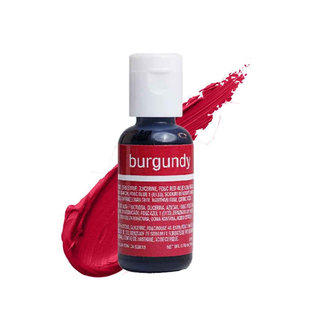 Chefmaster Burgundy Liqua-Gel bottle shows rich color for baking and decorating.