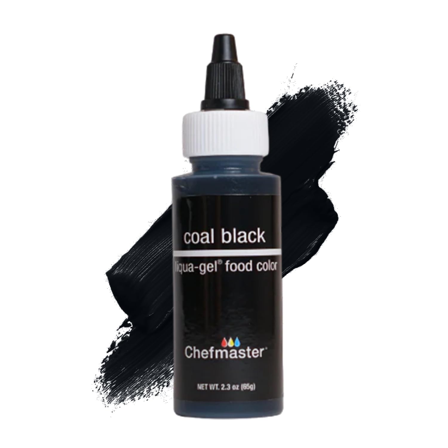 Chefmaster Coal Black Liqua-Gel bottle showcases vibrant, fade-resistant color for icing.