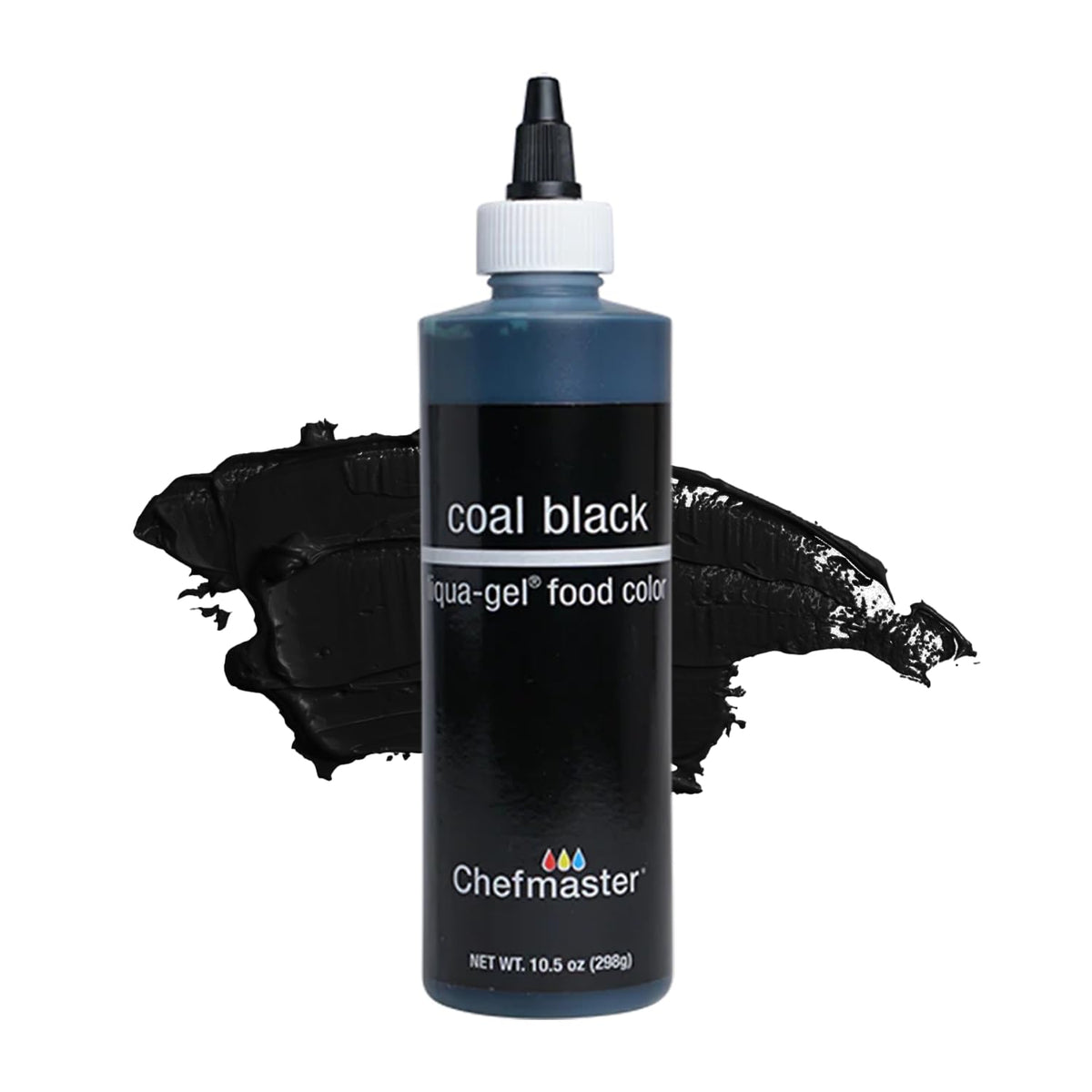 Chefmaster Coal Black Liqua-Gel dye pour delivers vivid, fade-resistant color for icing.