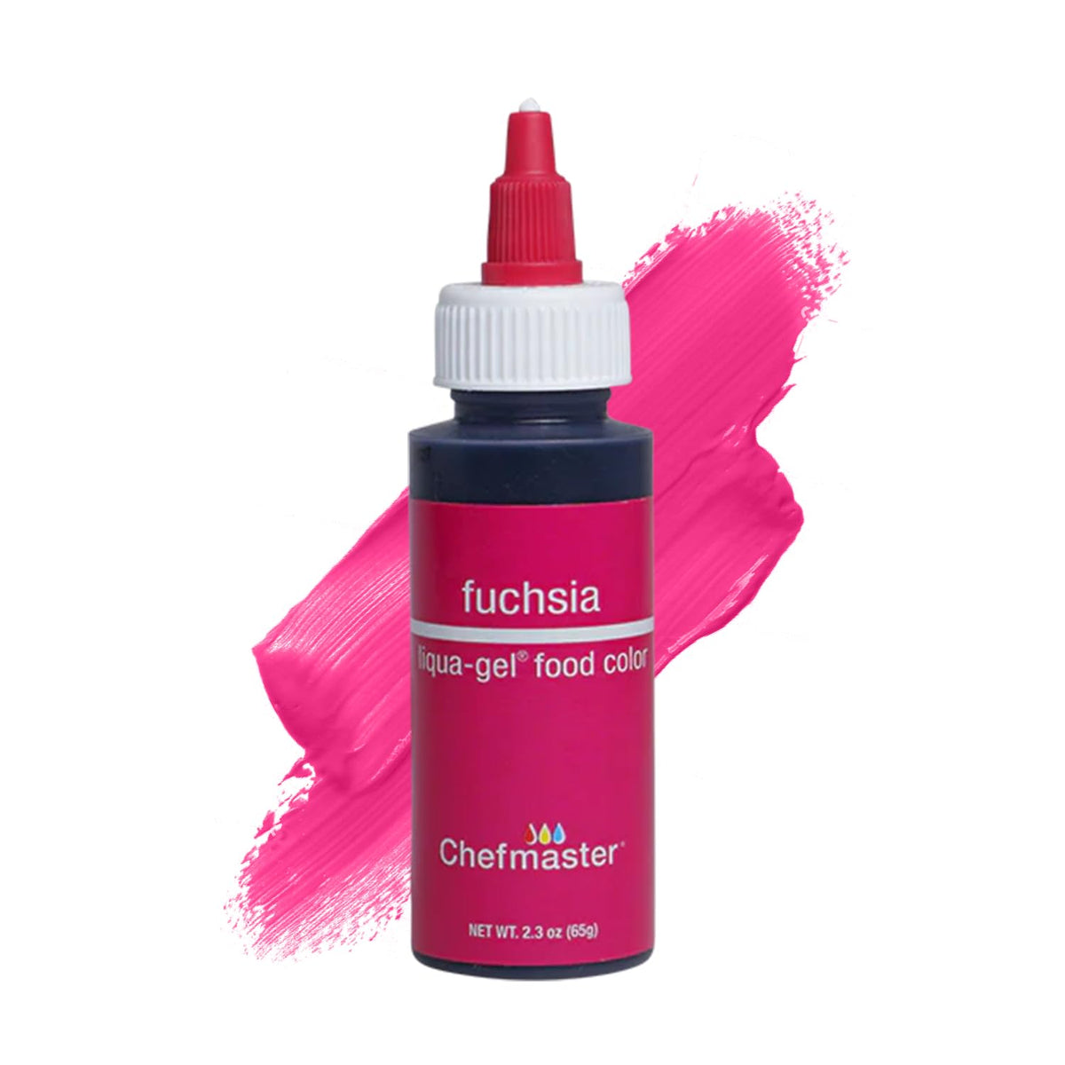 Chefmaster Fuschsia Liqua-Gel bottle cap displays vibrant, fade-resistant color for icing.