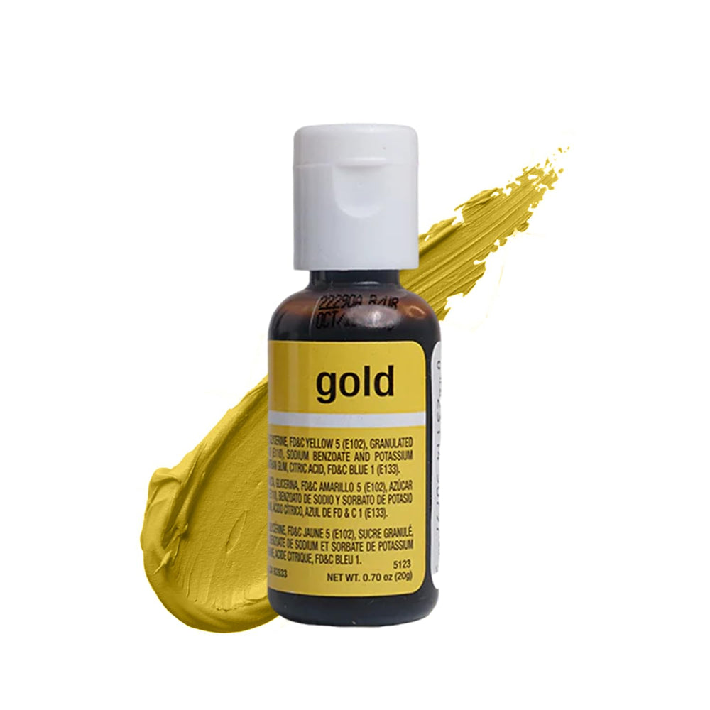 Chefmaster Gold Liqua-Gel bottle shows vibrant icing color for decorating.