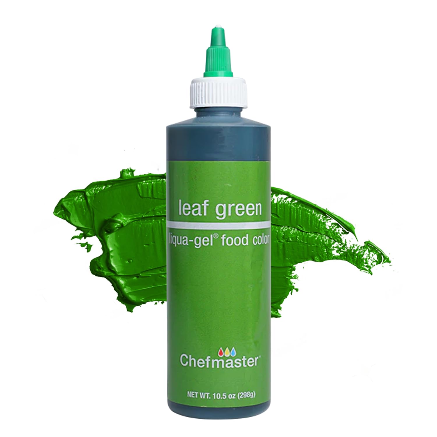Chefmaster Leaf Green Liqua-Gel bottle pour shows easy no drip control for vibrant color.
