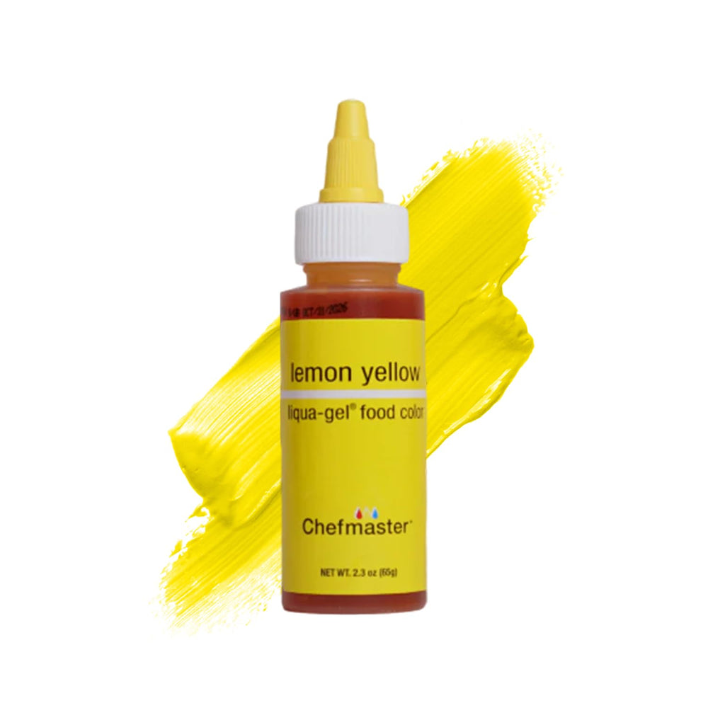 Chefmaster Lemon Yellow Liqua-Gel bottle for precise, vivid color application in baking.
