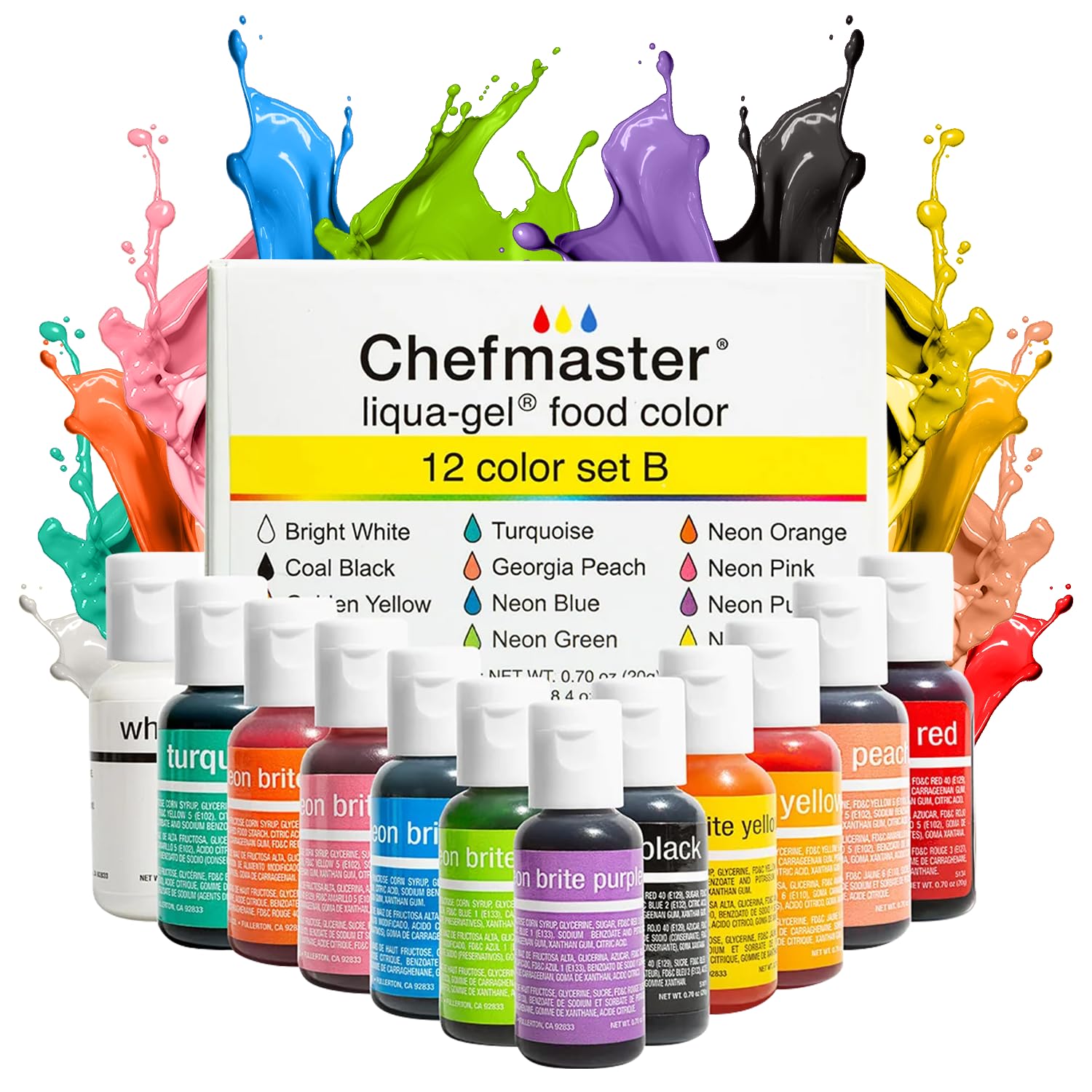 Chefmaster Liqua-Gel 12-color color swatches show true-to-shade tones for desserts