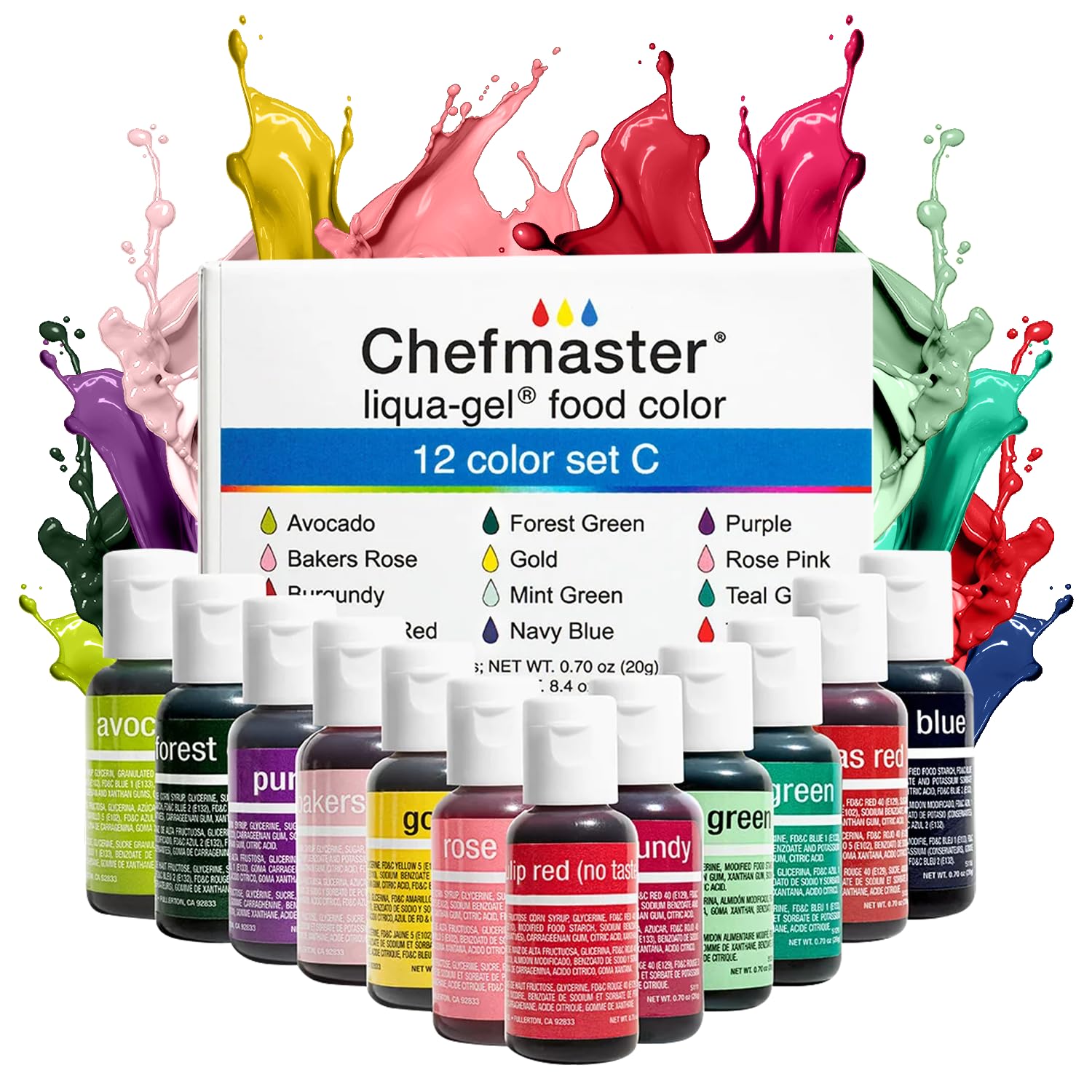 Chefmaster Liqua-Gel 12-color set bottles show true-to-shade, fade-resistant hues.