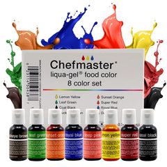 Chefmaster Liqua-Gel color kit front view showcases bold, fade-resistant hues for desserts.