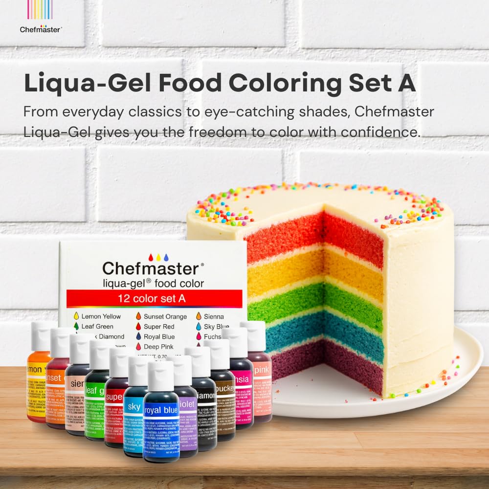 Chefmaster Liqua-Gel swatch palette displays vibrant hues ready to blend