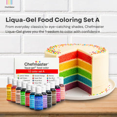 Chefmaster Liqua-Gel swatch palette displays vibrant hues ready to blend