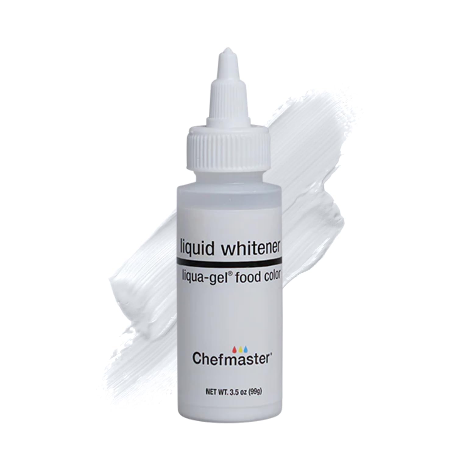 Chefmaster Liqua-Gel bottle closeup for brilliant icing whiteness.