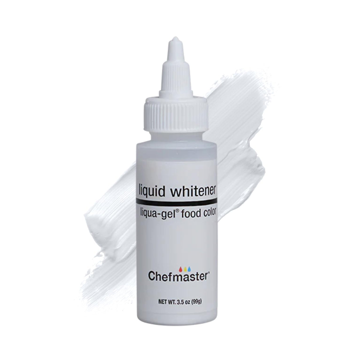 Chefmaster Liqua-Gel bottle closeup for brilliant icing whiteness.