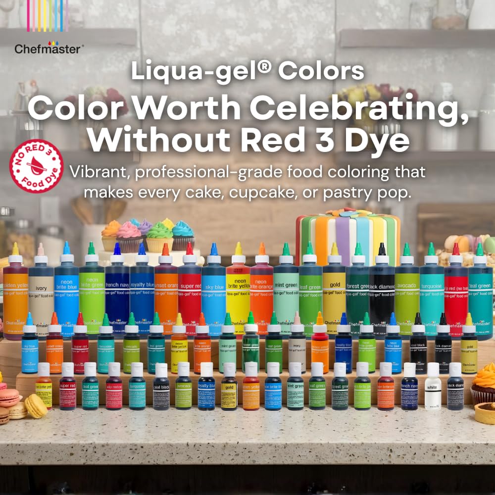 Liqua-Gel no-drip squeeze cap ensures precise color control for recipes.