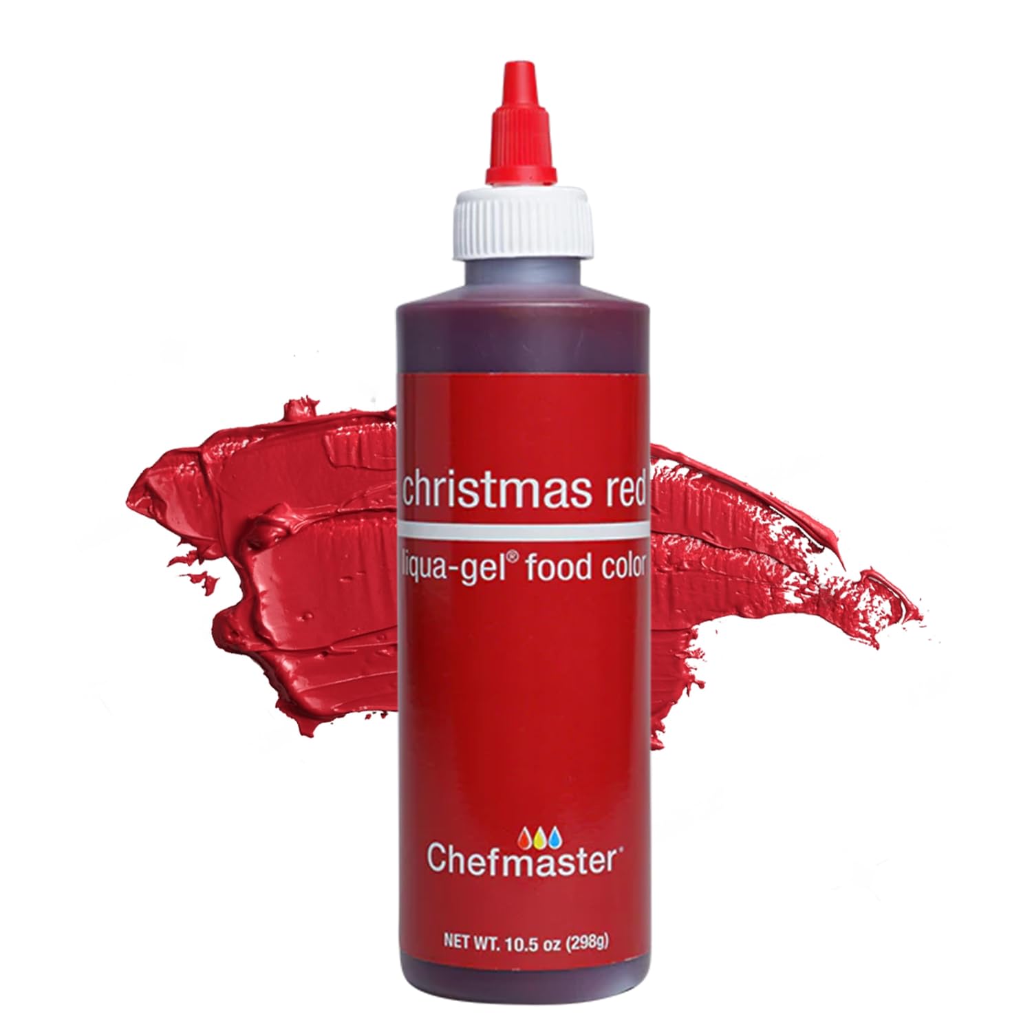 Chefmaster Liqua-Gel red bottle close-up for precise icing color.
