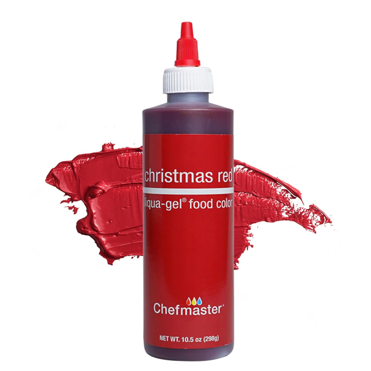 Chefmaster Liqua-Gel red bottle close-up for precise icing color.