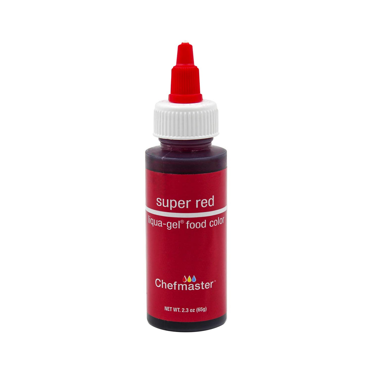 Chefmaster Liqua-Gel Super Red bottle pouring for precise color control in baking.
