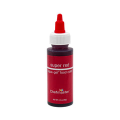 Chefmaster Liqua-Gel Super Red bottle pouring for precise color control in baking.