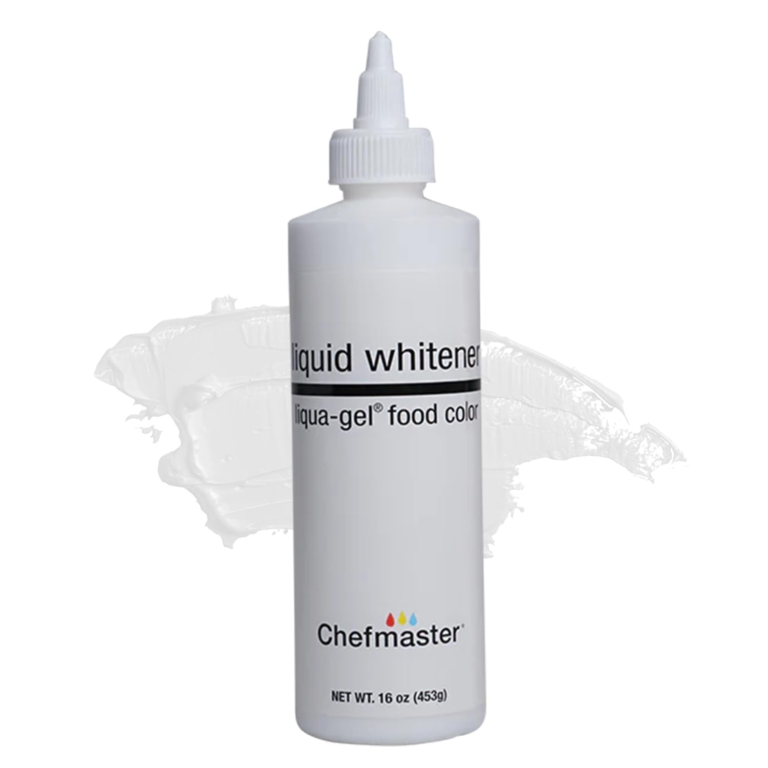 Chefmaster Liquid Whitener Liqua-Gel bottle with pour top for pristine white icing.