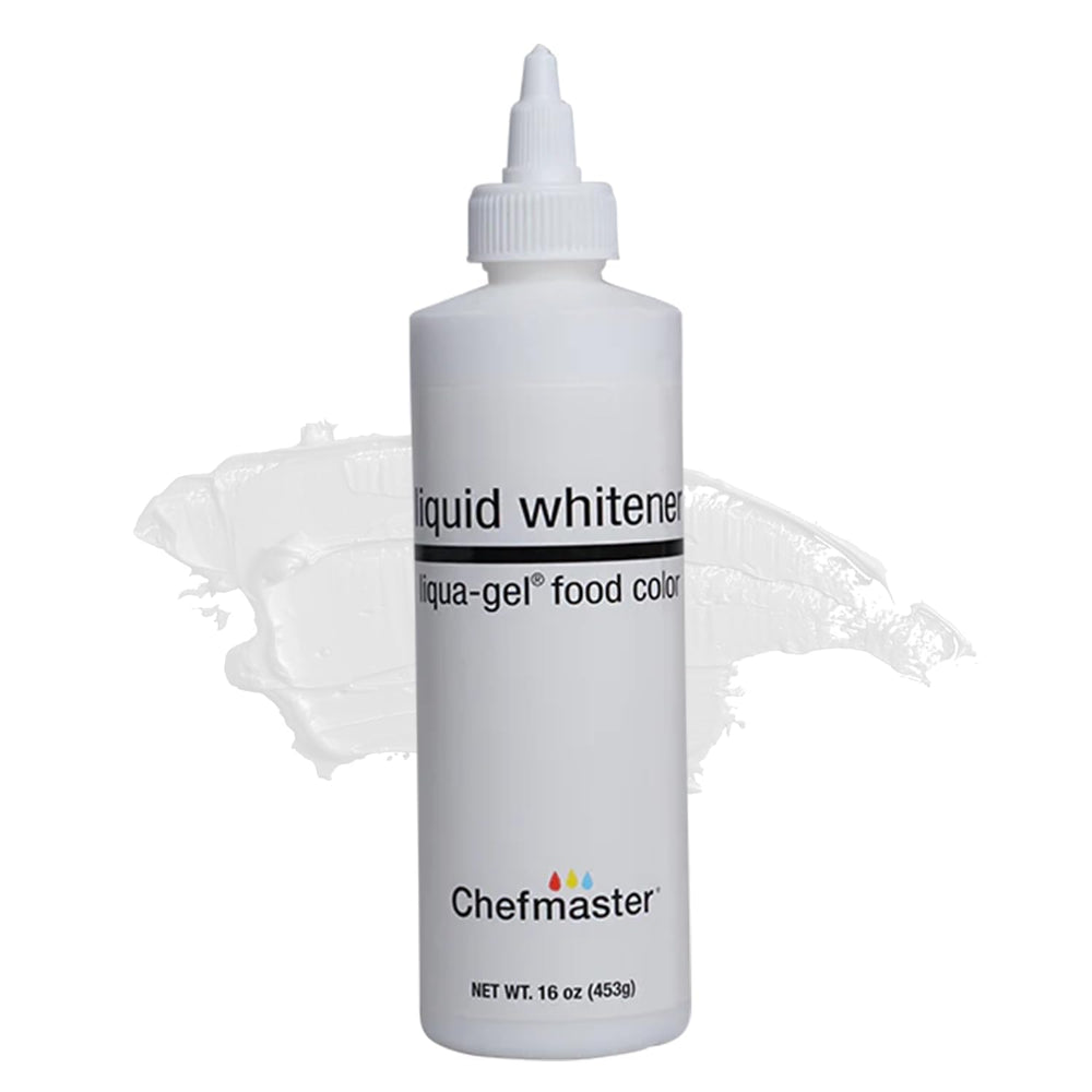 Chefmaster Liquid Whitener Liqua-Gel bottle with pour top for pristine white icing.